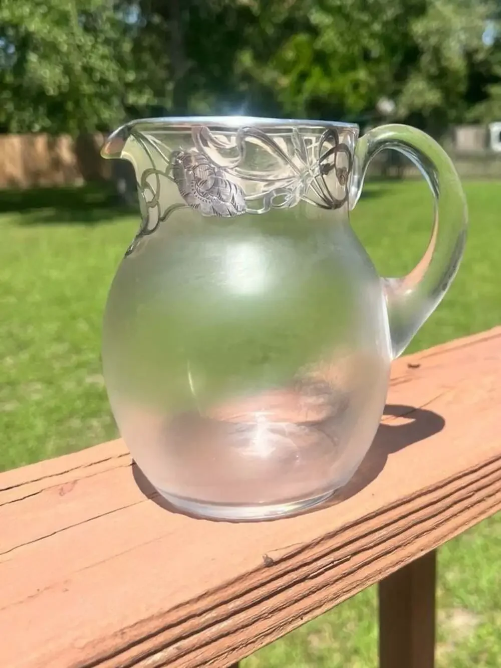 Antique Art Nouveau Sterling Silver Overlay Frosted Glass Water Pitcher